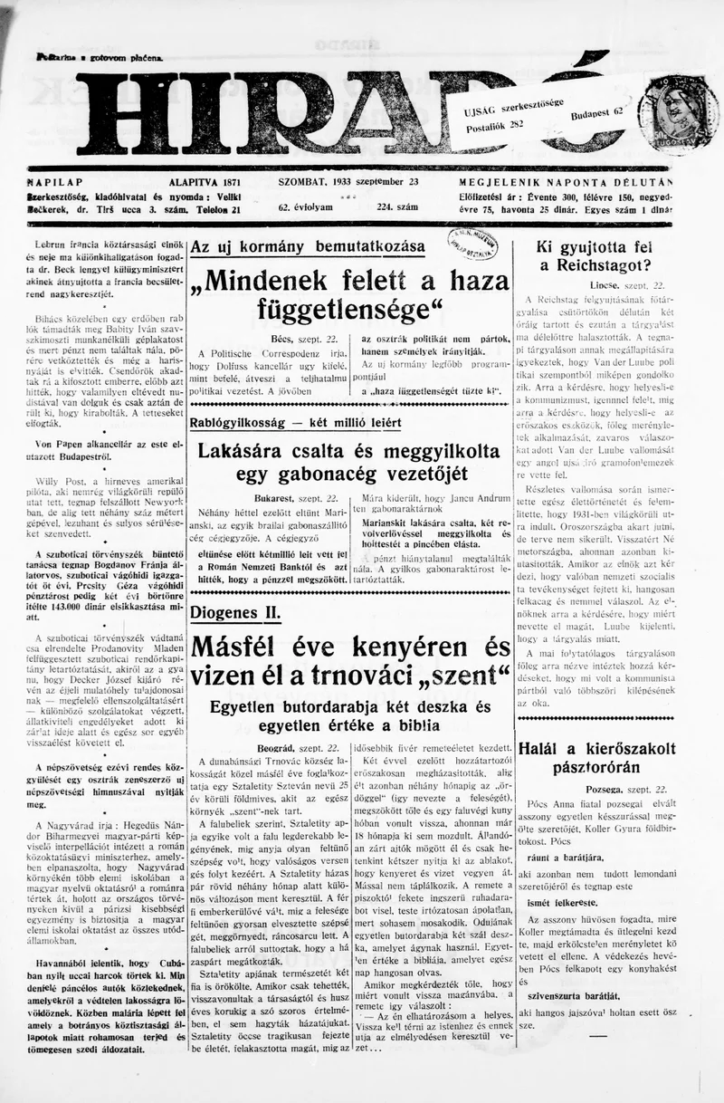 Híradó, 62. évf. 1933. szeptember 23. 224. sz.
