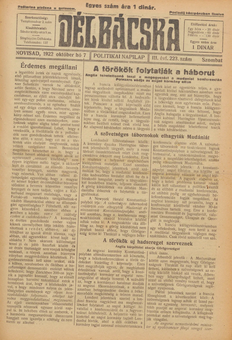 Délbácska, 3. évf. 1922. október 7. 223. sz.