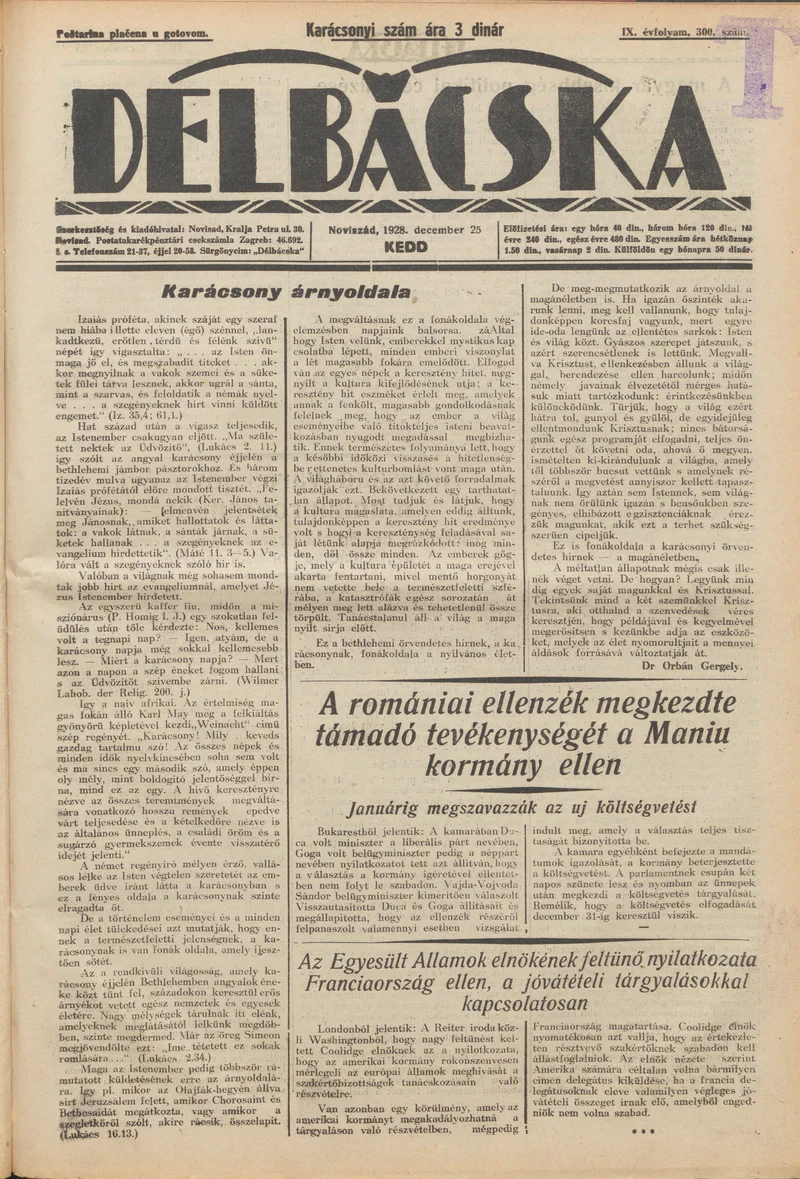 Délbácska, 9. évf. 1928. december 25. 300. sz.