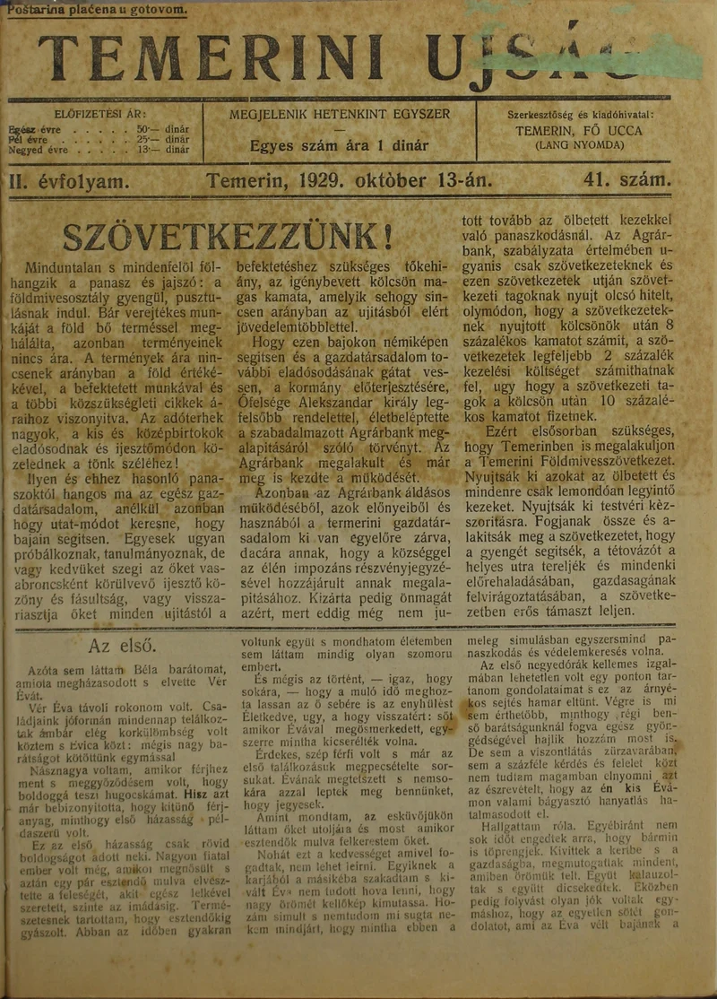 Temerini Újság 1928-1944, 2. évf. 1929. október 13. 41. sz.