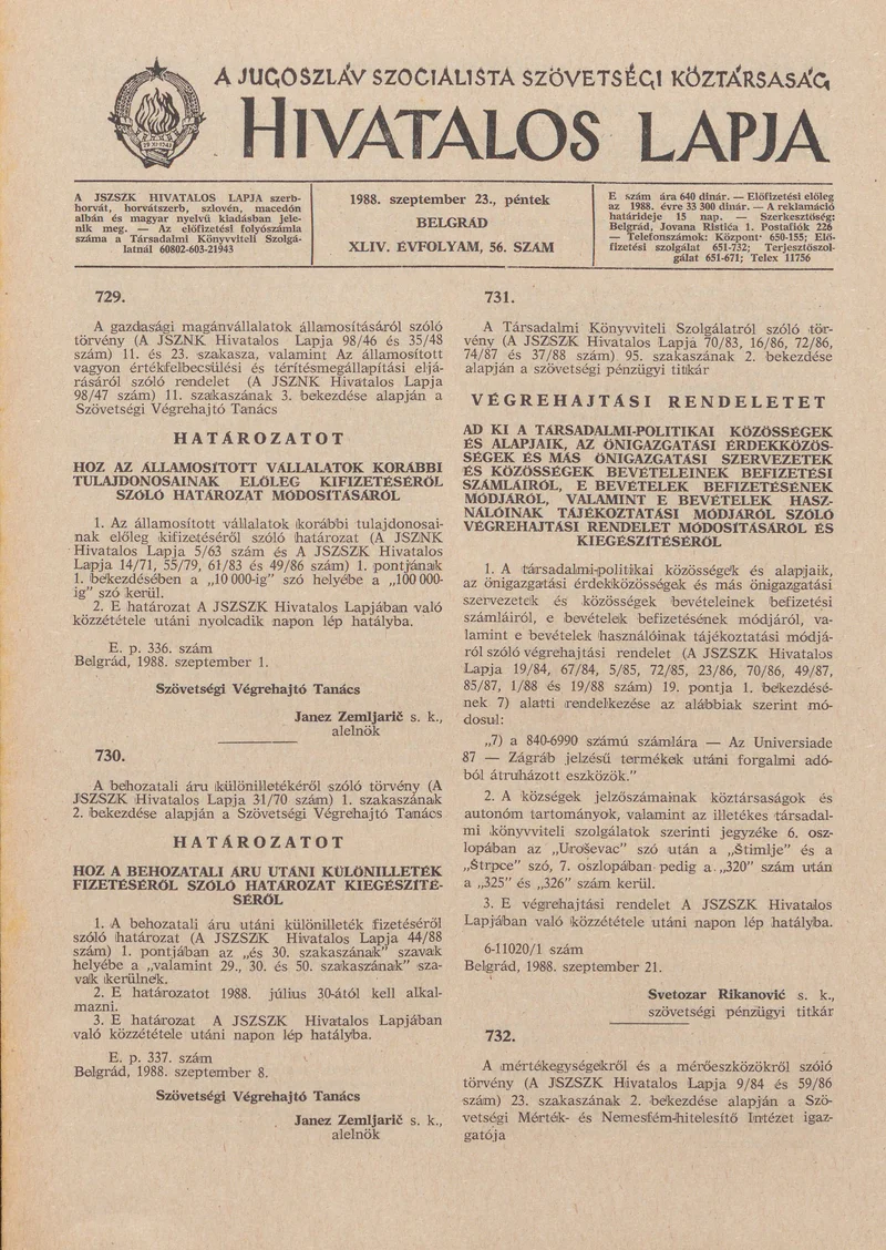 A Jugoszláv Szocialista Szövetségi Köztársaság Hivatalos Lapja, 44. évf. 1988. szeptember 23. 56. sz. 1489–1504. oldal