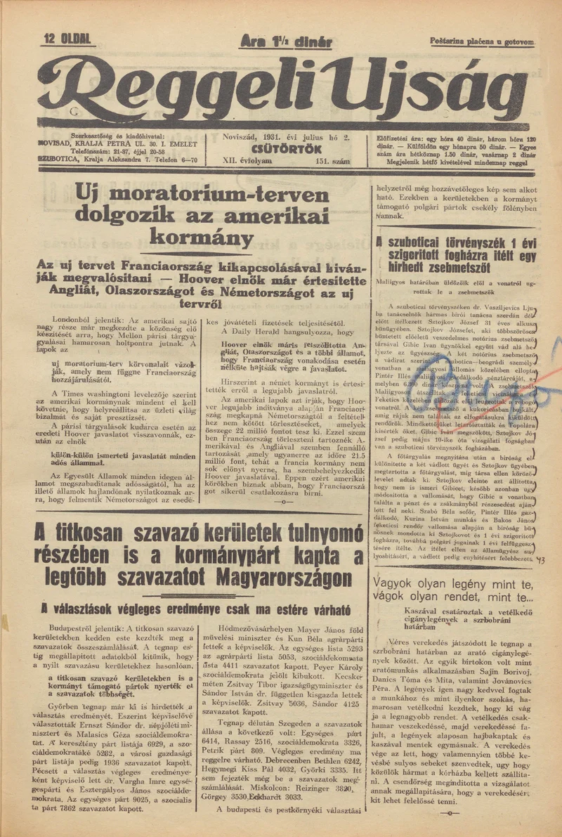 Reggeli Újság, 12. évf. 1931. július 2. 151. sz.