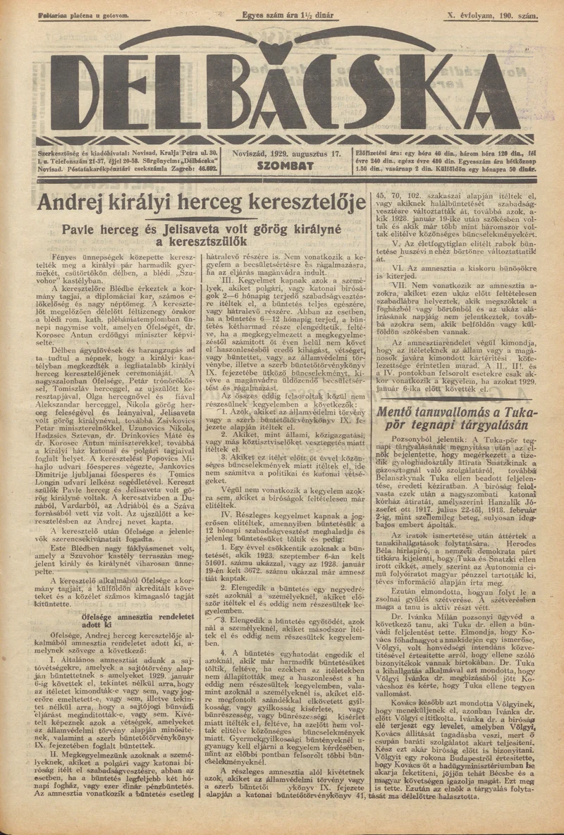 Délbácska, 10. évf. 1929. augusztus 17. 190. sz.