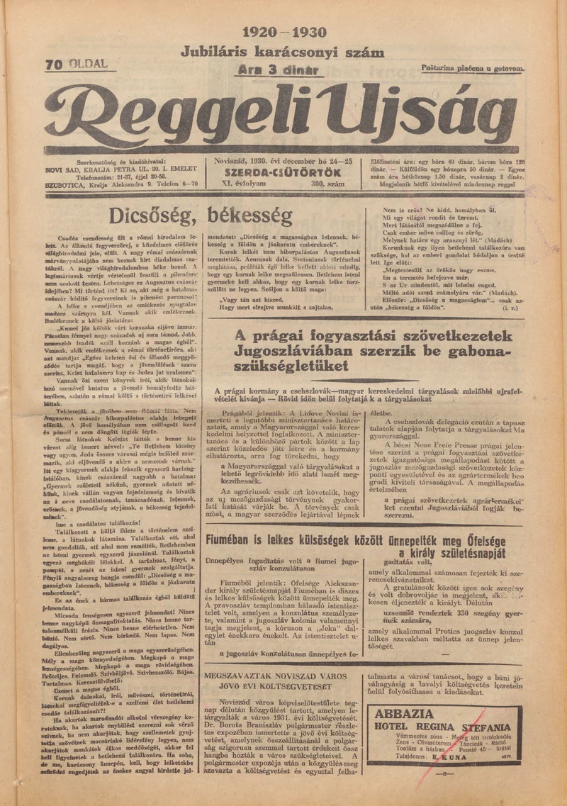 Reggeli Újság, 11. évf. 1930. december 24. – 25. 300. sz.