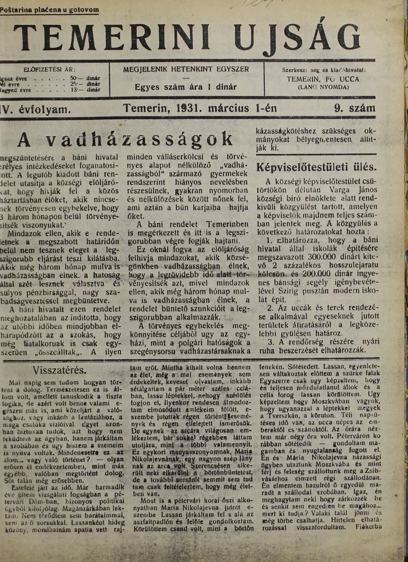 Temerini Újság 1928-1944, 4. évf. 1931. március 1. 9. sz.