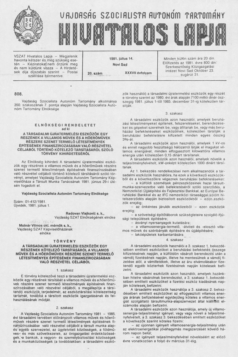 Vajdaság Szocialista Autonóm Tartomány Hivatalos Lapja, 37. évf. 1981. július 14. 20. sz.
