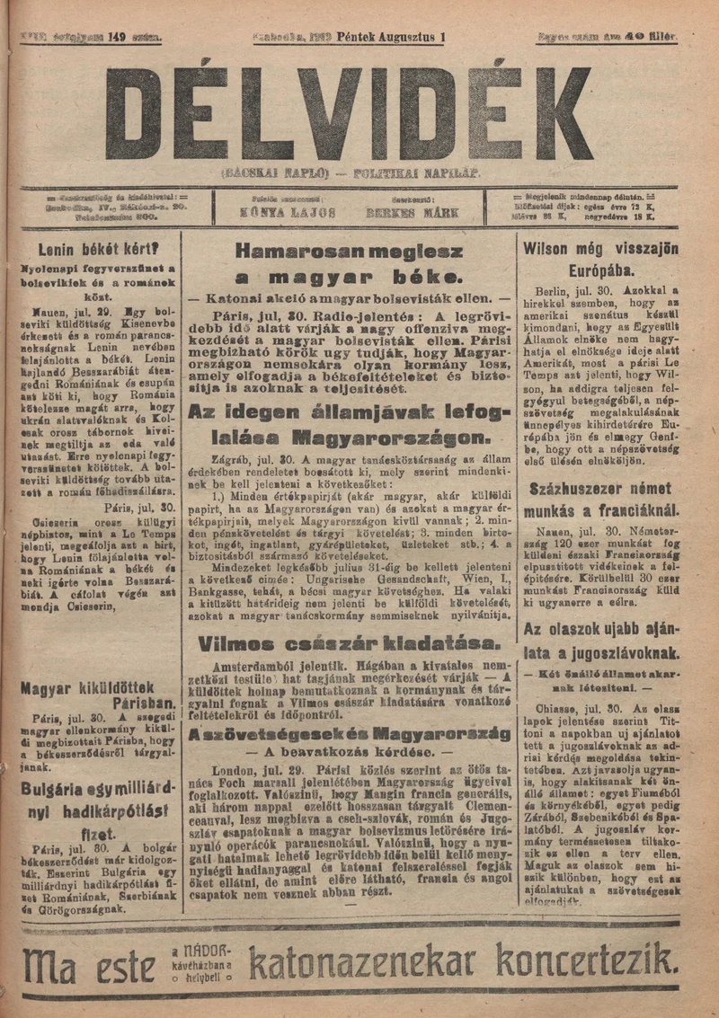 Délvidék, 13. évf. 1919. augusztus 1. 149. sz.