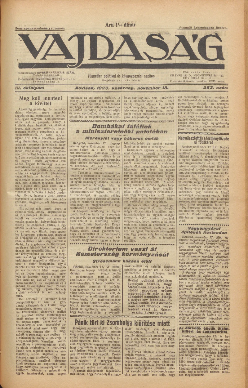 Vajdaság, 3. évf. 1923. november 18. 263. sz.