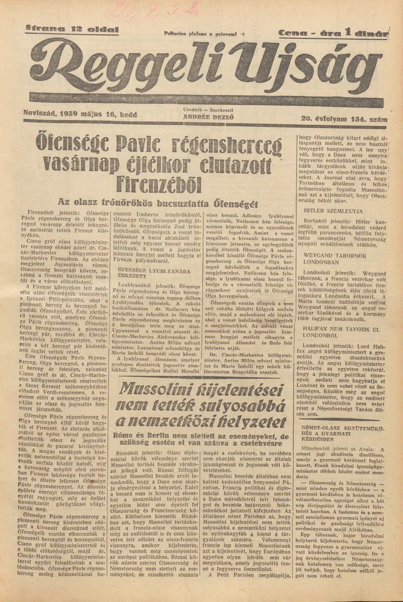 Reggeli Újság, 20. évf. 1939. május 16. 134. sz.