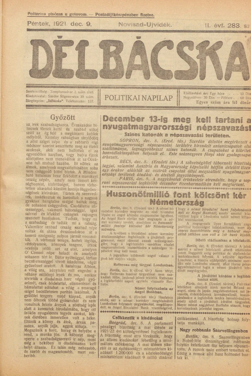 Délbácska, 2. évf. 1921. december 9. 283. sz.