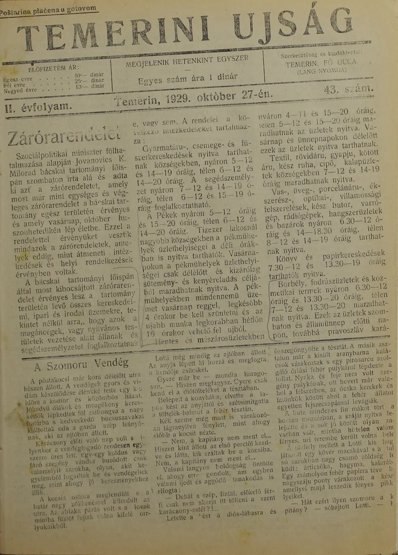 Temerini Újság 1928-1944, 2. évf. 1929. október 27. 43. sz.