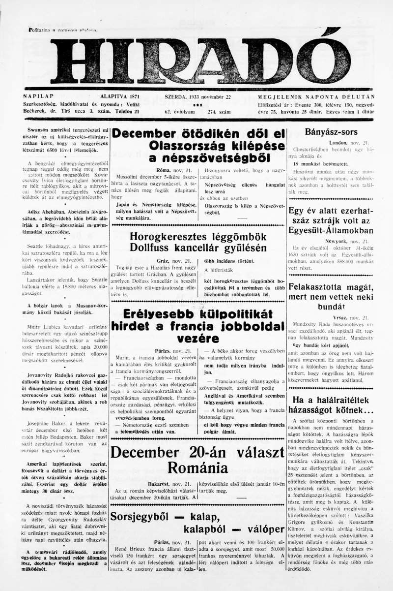 Híradó, 62. évf. 1933. november 22. 274. sz.