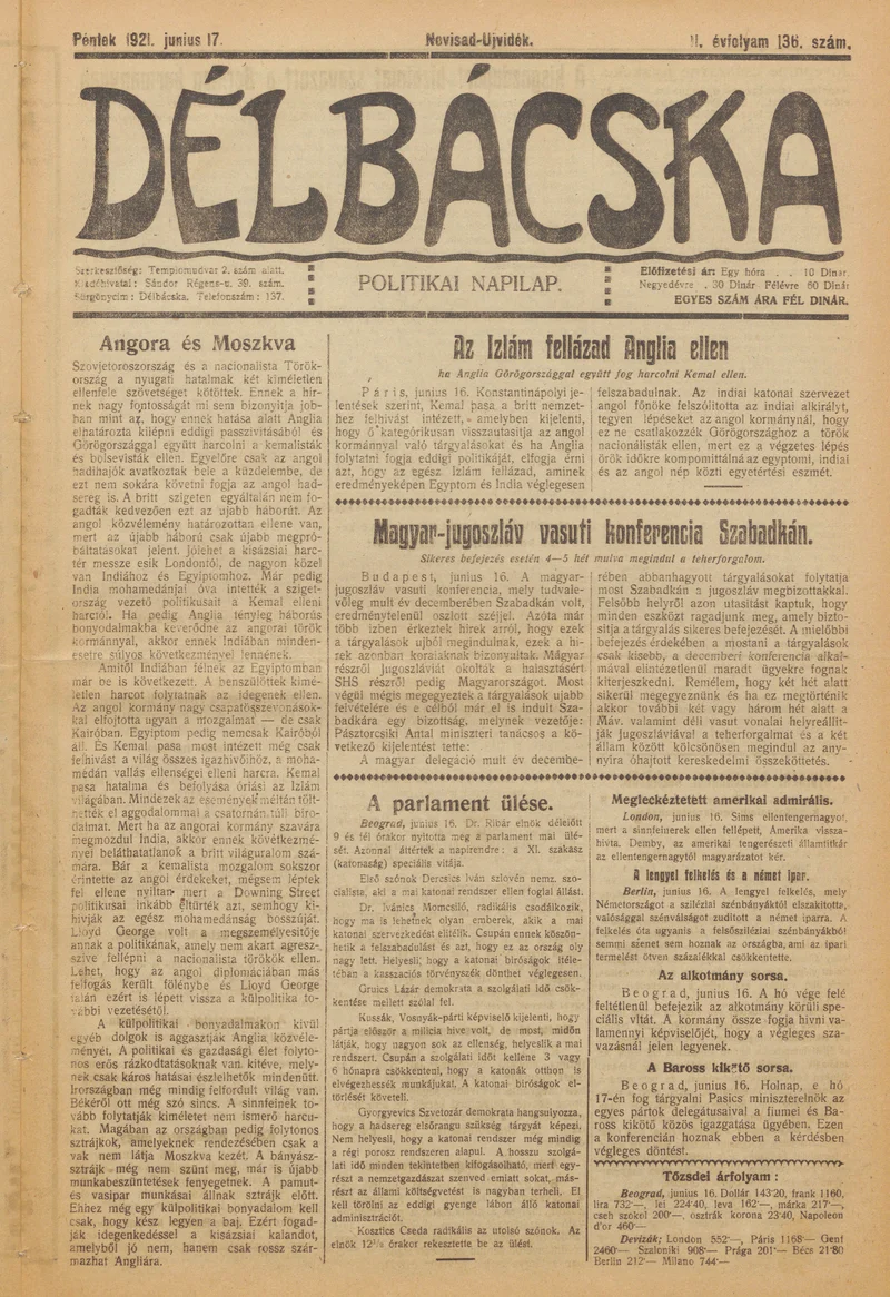 Délbácska, 2. évf. 1921. június 17. 136. sz.