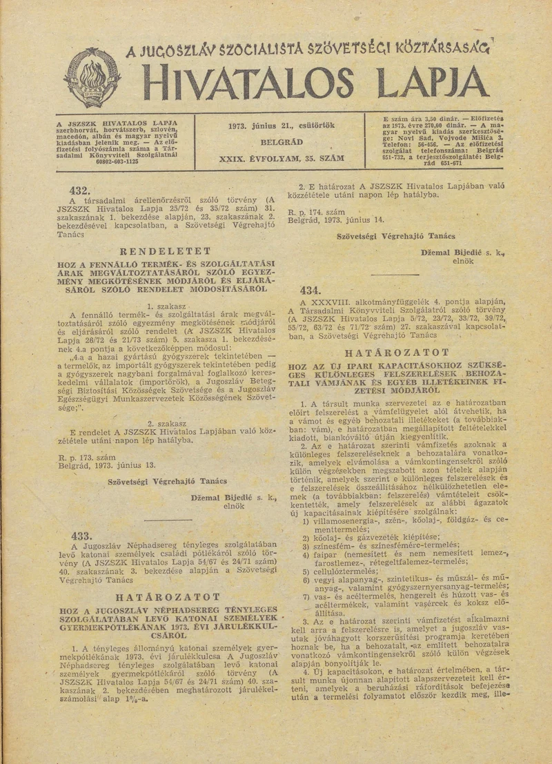 A Jugoszláv Szocialista Szövetségi Köztársaság Hivatalos Lapja, 29. évf. 1973. június 21. 35. sz. 1077–1104. oldal
