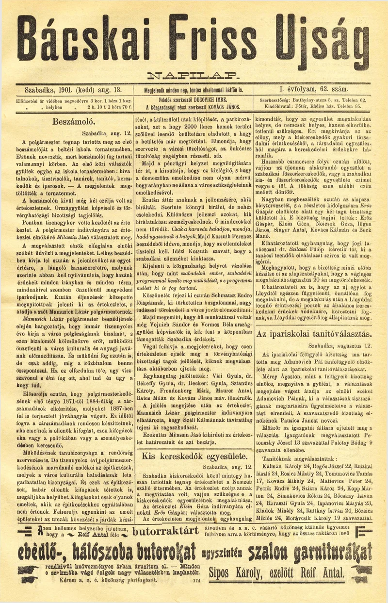 Bácskai Friss Ujság, 1. évf. 1901. augusztus 13. 62. sz.