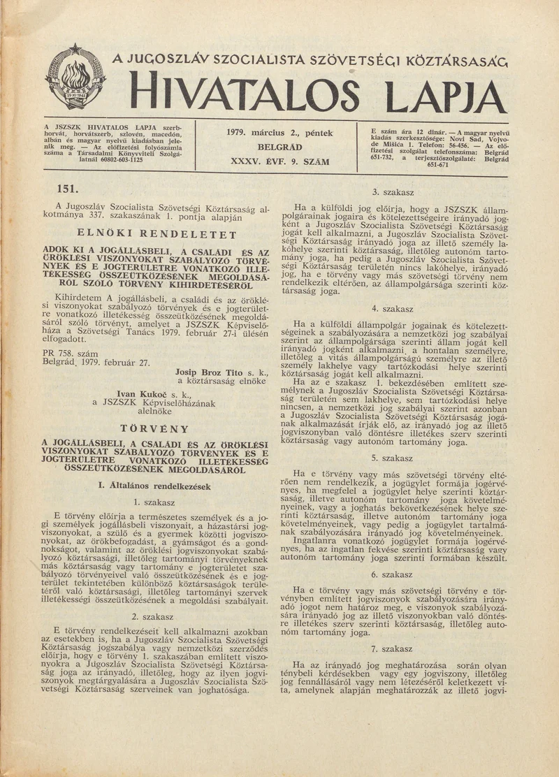 A Jugoszláv Szocialista Szövetségi Köztársaság Hivatalos Lapja, 35. évf. 1979. március 2. 9. sz. 257–288. oldal