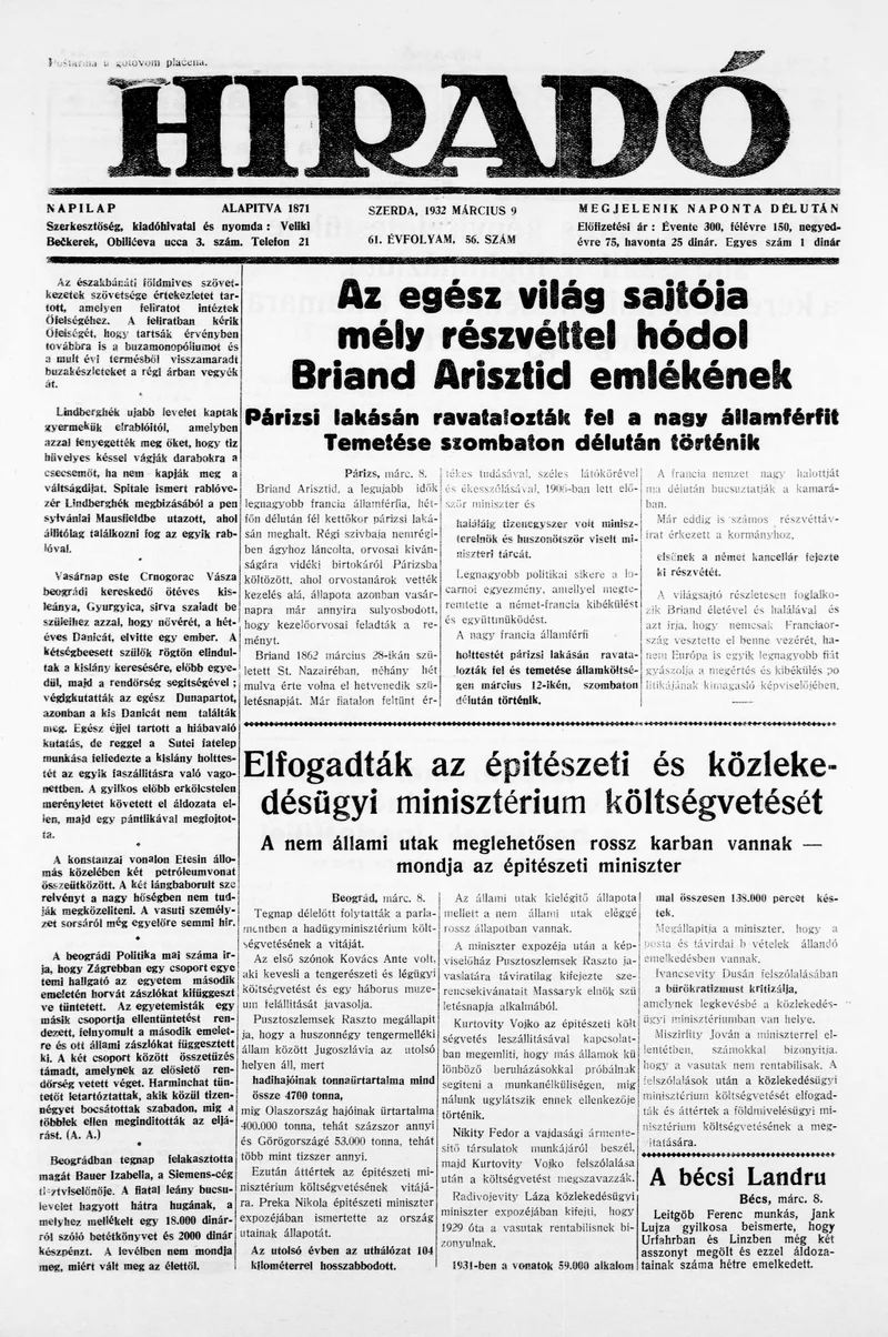 Híradó, 61. évf. 1932. március 9. 56. sz.