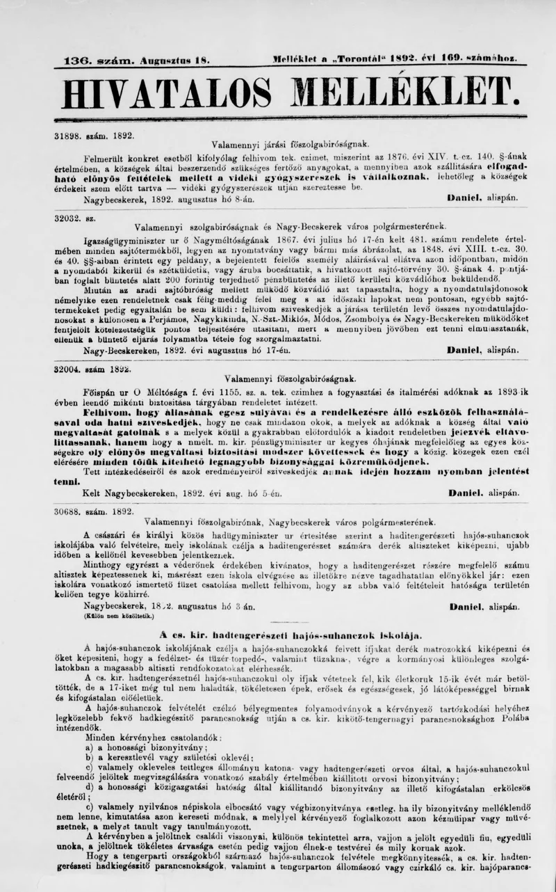 A Totontál  hivatalos melléklete, 5. évf. 1892. augusztus 18. 136. sz.
