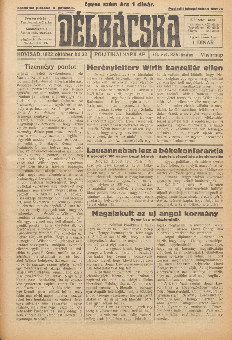 Délbácska, 3. évf. 1922. október 22. 236. sz.