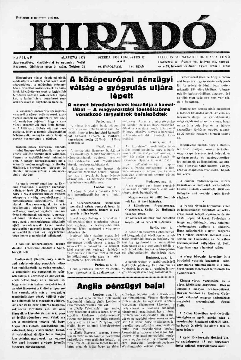 Híradó, 60. évf. 1931. augusztus 12. 184. sz.