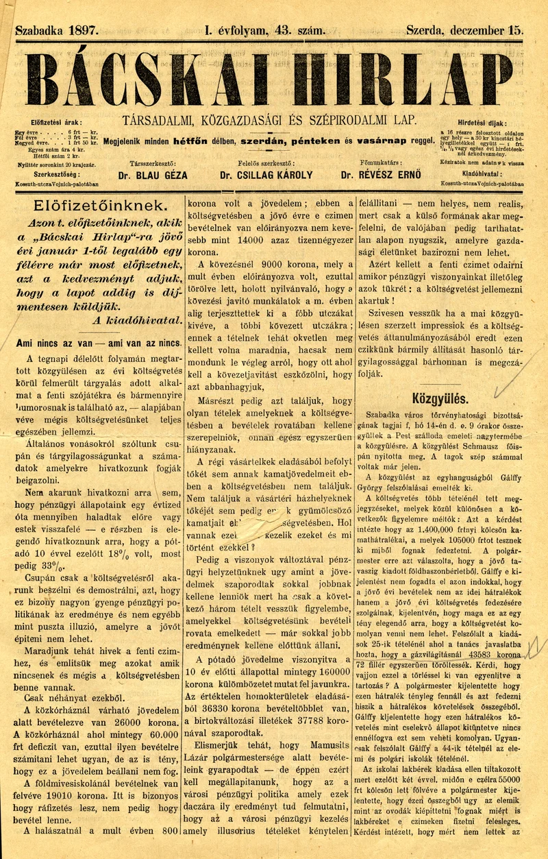 Bácskai Hirlap, 1. évf. 1897. december 15. 43. sz. 1–4. oldal