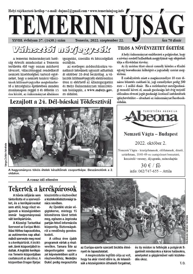 Temerini Újság, 28. évf. 2022. szeptember 22. 37. sz.