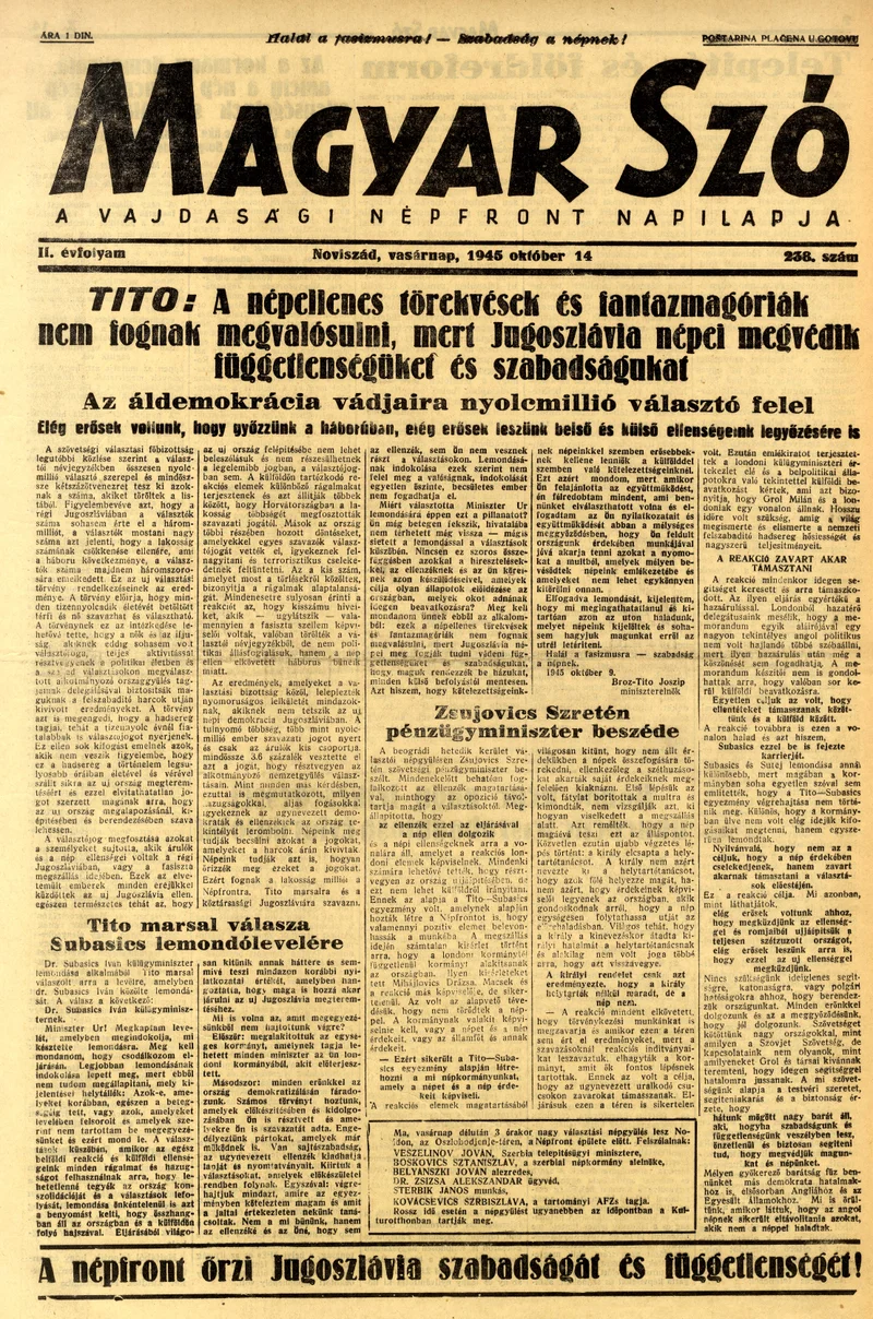 Magyar Szó, 2. évf. 1945. október 14. 238. sz. 1–8. oldal