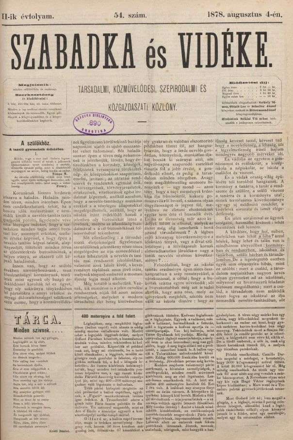 Szabadka és vidéke, 2. évf. 1878. augusztus 4. 54. sz.