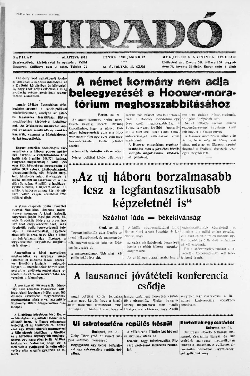 Híradó, 61. évf. 1932. január 22. 17. sz.