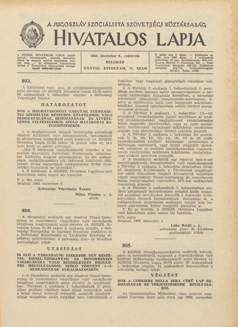 A Jugoszláv Szocialista Szövetségi Köztársaság Hivatalos Lapja, 38. évf. 1982. december 9. 73. sz. 1773–1780. oldal