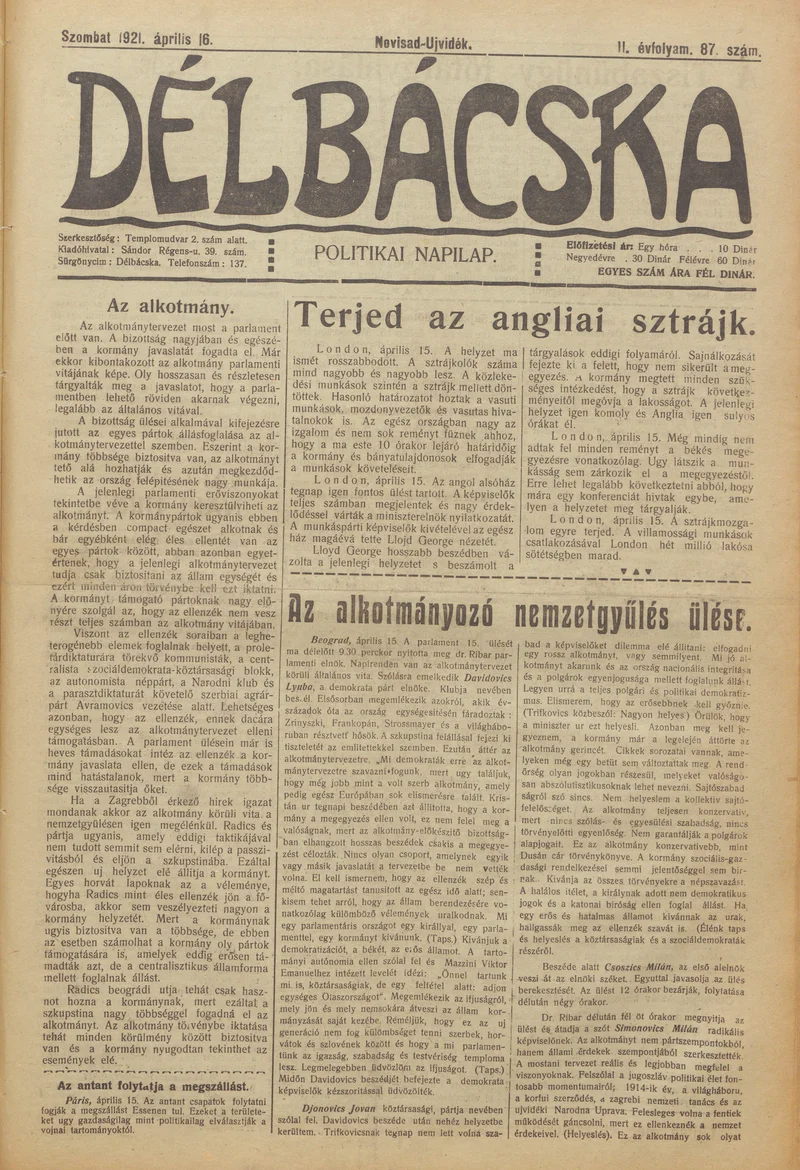 Délbácska, 2. évf. 1921. április 16. 87. sz.