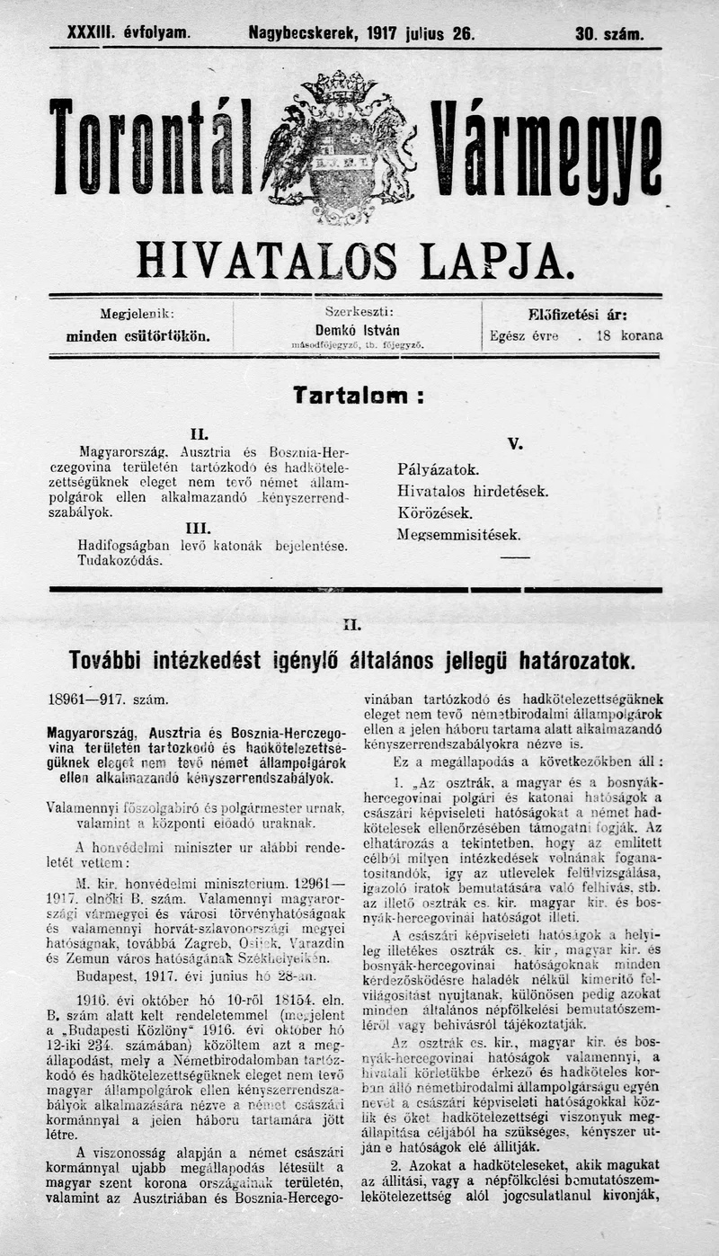 Torontál Vármegye Hivatalos Lapja, 33. évf. 1917. július 26. 30. sz.
