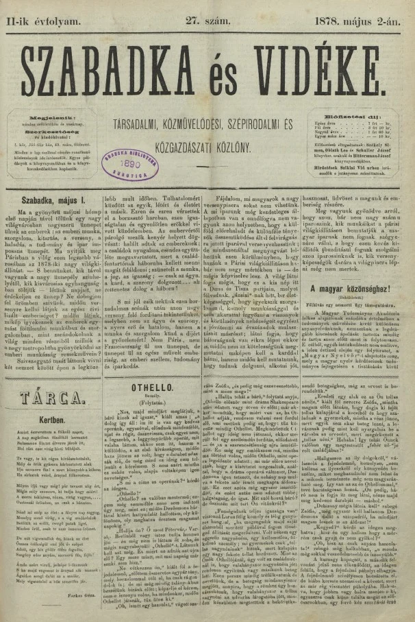 Szabadka és vidéke, 2. évf. 1878. május 2. 27. sz.