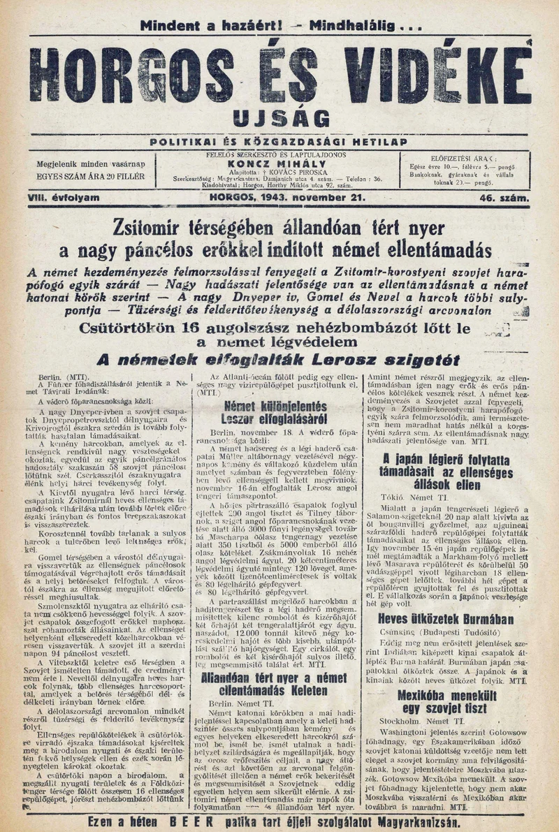 Horgos és vidéke, 8. évf. 1943. november 21. 46. sz.