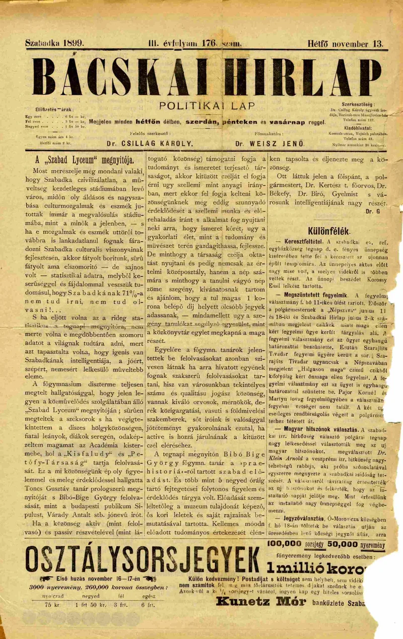 Bácskai Hirlap, 3. évf. 1899. november 13. 176. sz.