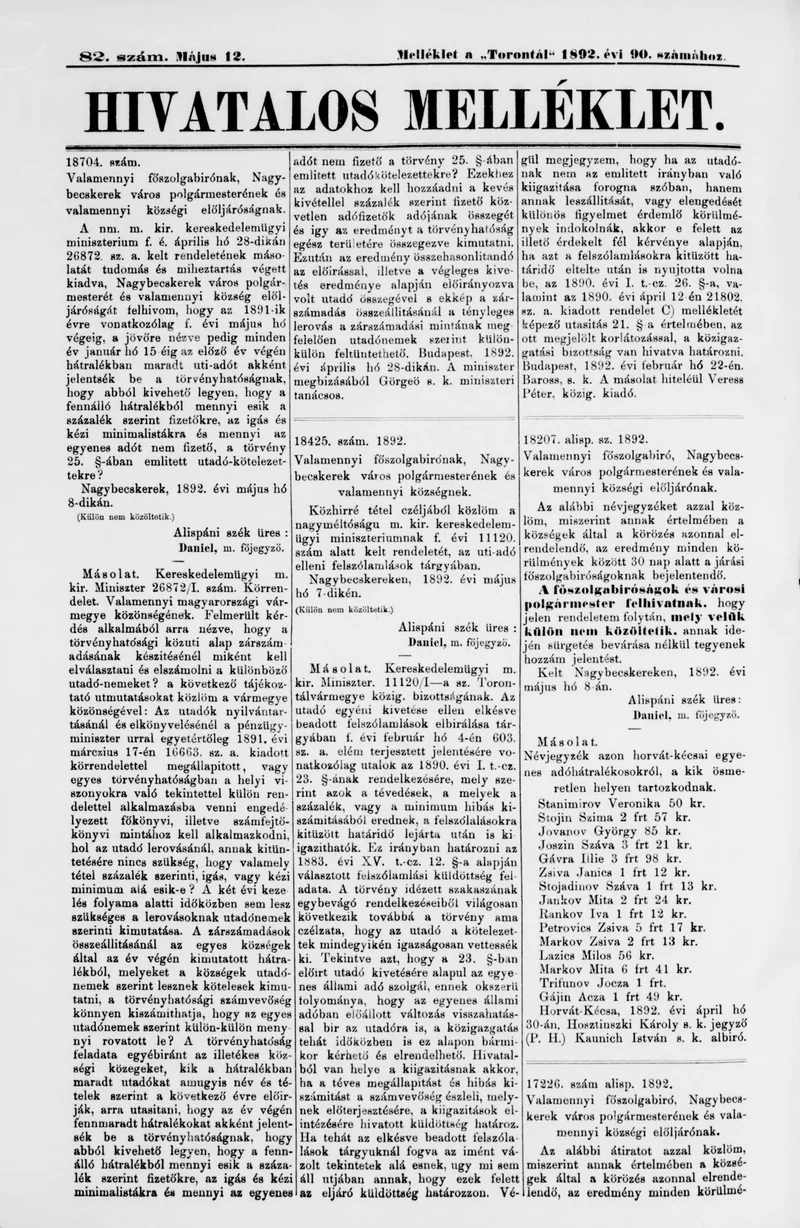 A Totontál  hivatalos melléklete, 5. évf. 1892. május 12. 82. sz.