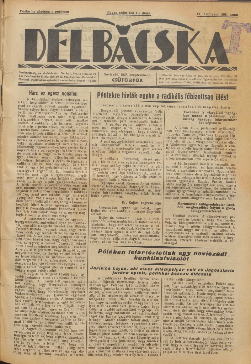 Délbácska, 9. évf. 1928. szeptember 6. 208. sz.