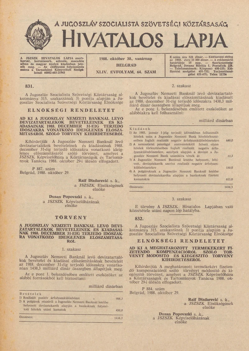 A Jugoszláv Szocialista Szövetségi Köztársaság Hivatalos Lapja, 44. évf. 1988. október 30. 64. sz. 1609–1616. oldal