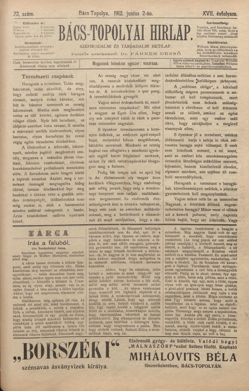 Bács-Topolyai Hirlap, 17. évf. 1912. június 2. 22. sz.