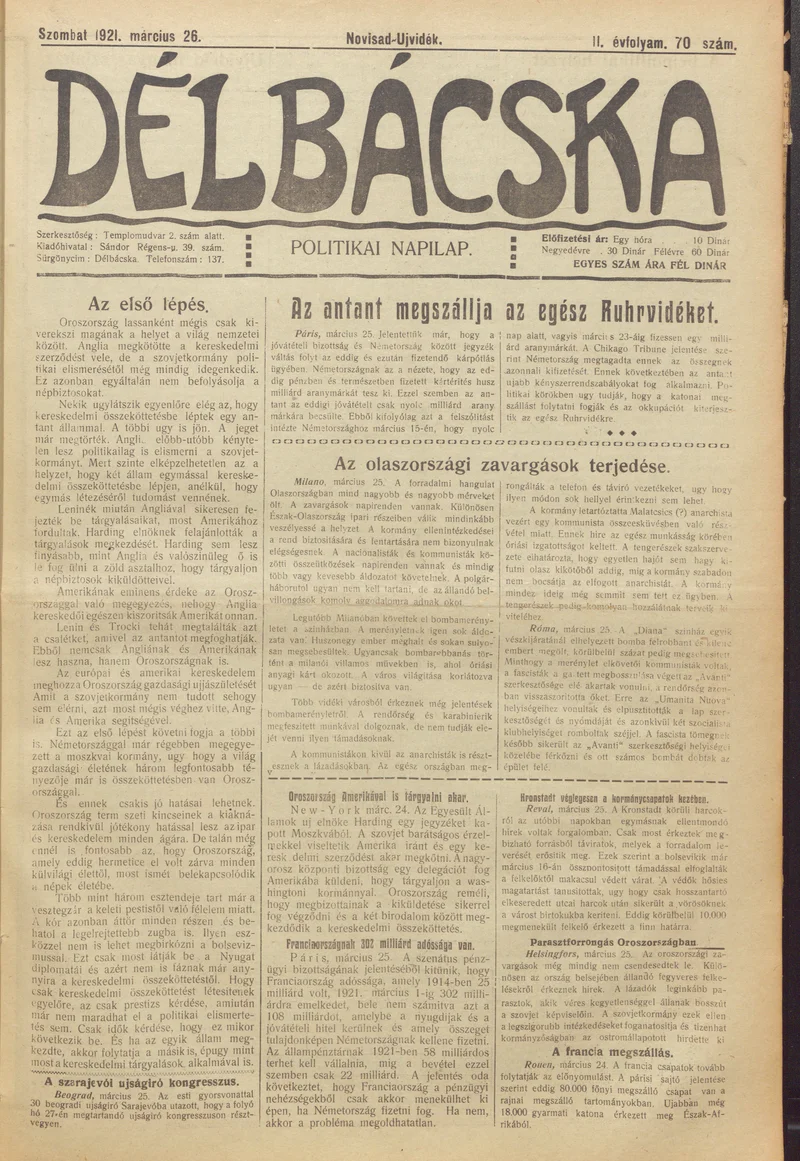 Délbácska, 2. évf. 1921. március 26. 70. sz.
