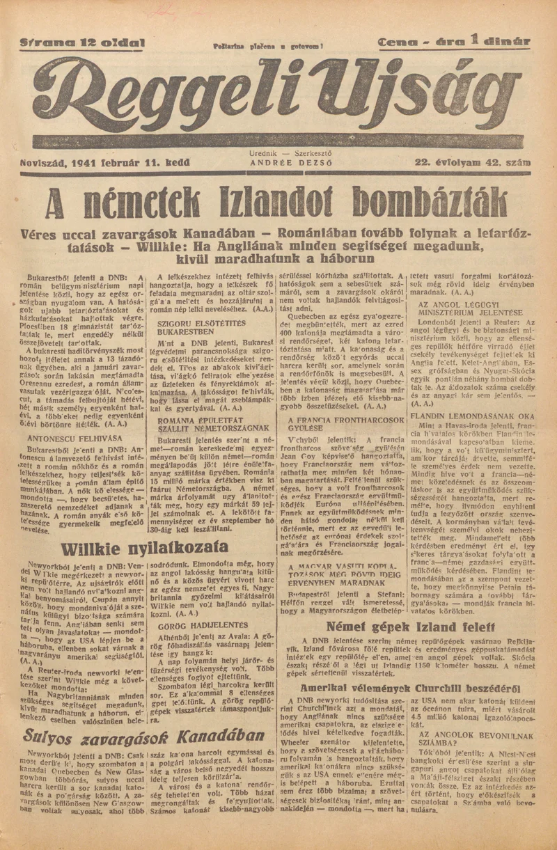 Reggeli Újság, 22. évf. 1941. február 11. 42. sz.