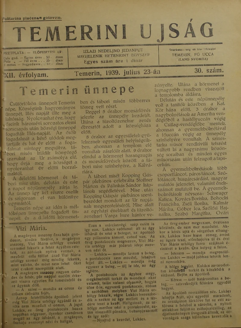 Temerini Újság 1928-1944, 12. évf. 1939. július 23. 30. sz.