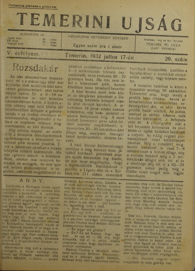 Temerini Újság 1928-1944, 5. évf. 1932. július 17. 29. sz.