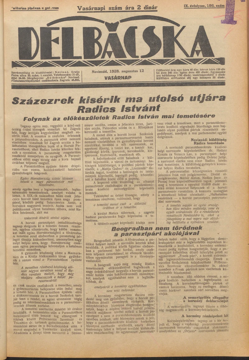 Délbácska, 9. évf. 1928. augusztus 12. 186. sz.