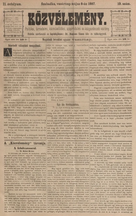 Közvélemény, 2. évf. 1887. május 8. 19. sz.