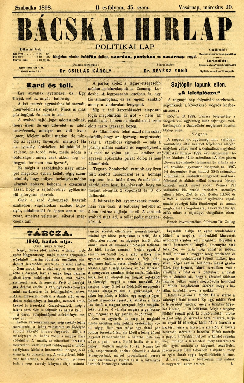Bácskai Hirlap, 2. évf. 1898. március 20. 45. sz. 1–8. oldal
