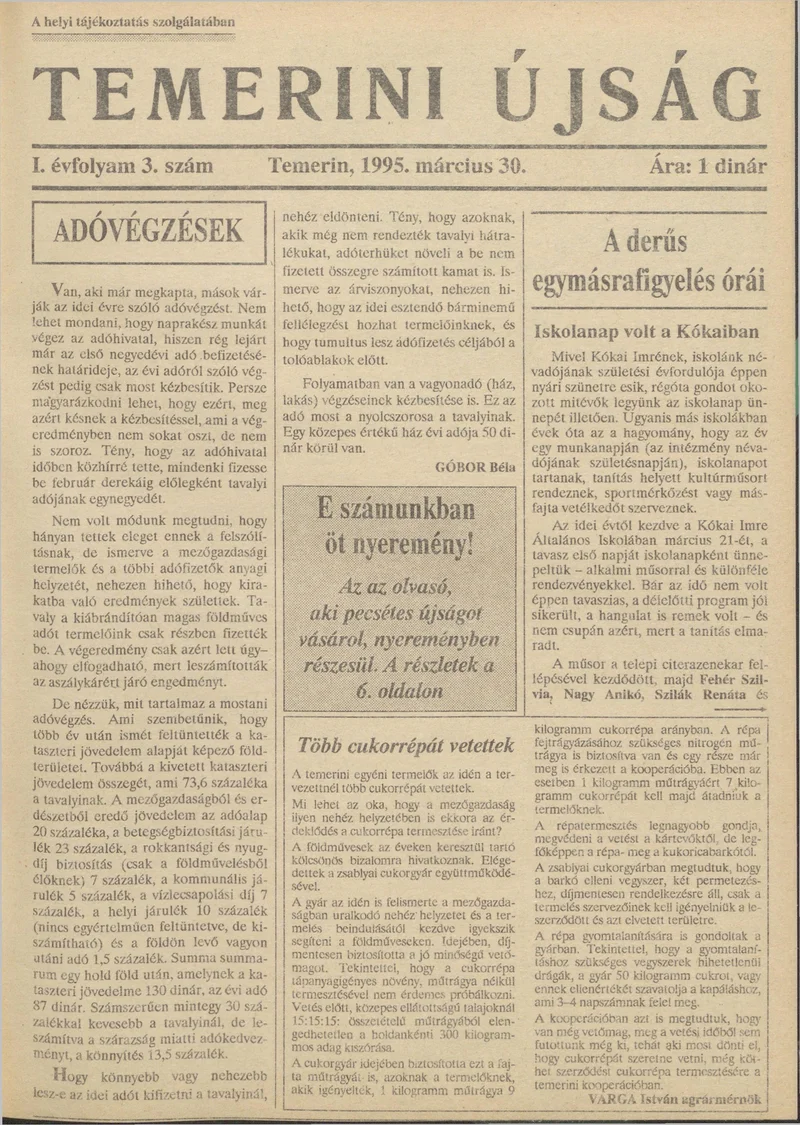 Temerini Újság, 1. évf. 1995. március 30. 3. sz.