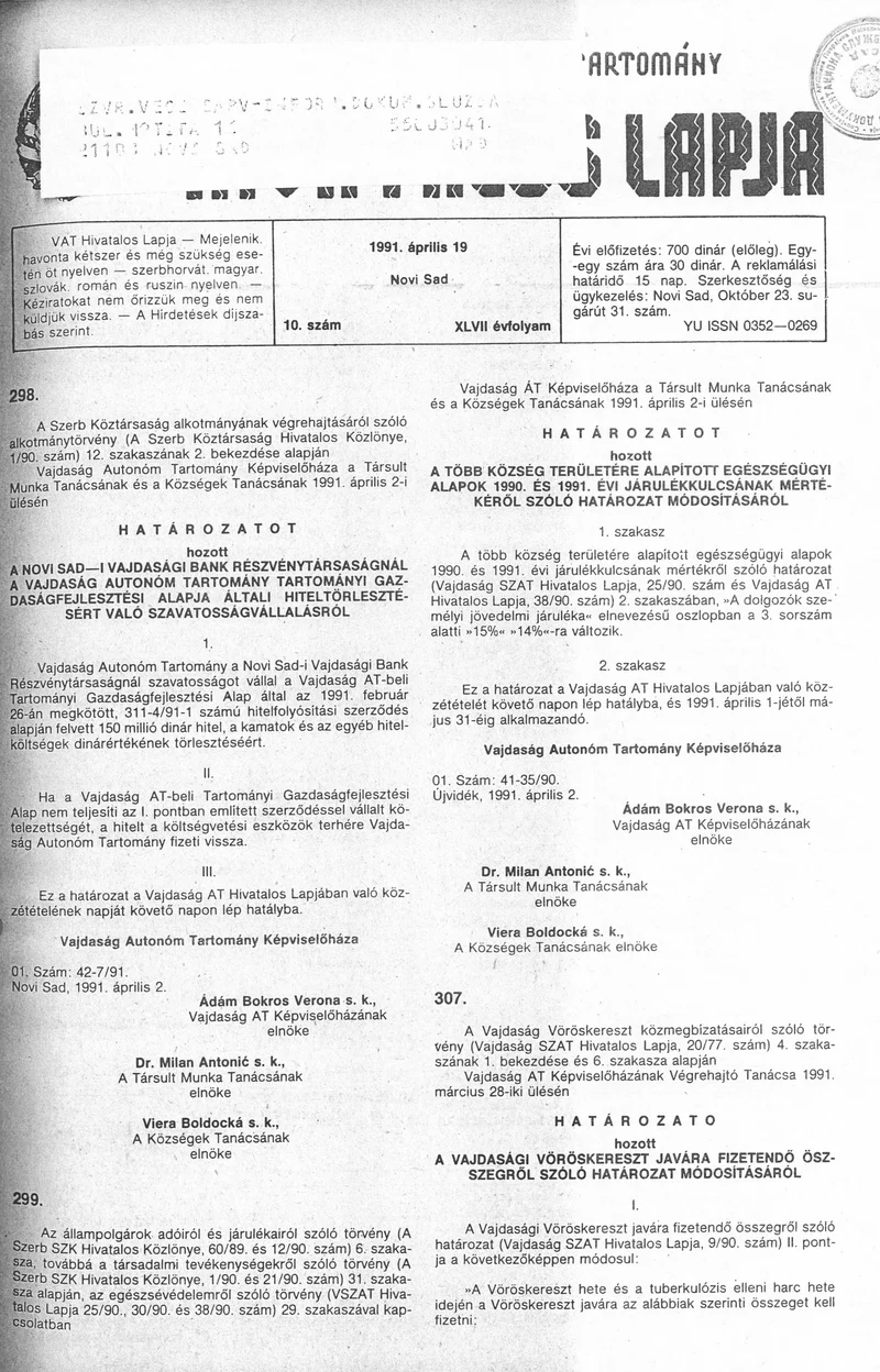 Vajdaság Szocialista Autonóm Tartomány Hivatalos Lapja, 47. évf. 1991. április 19. 10. sz.