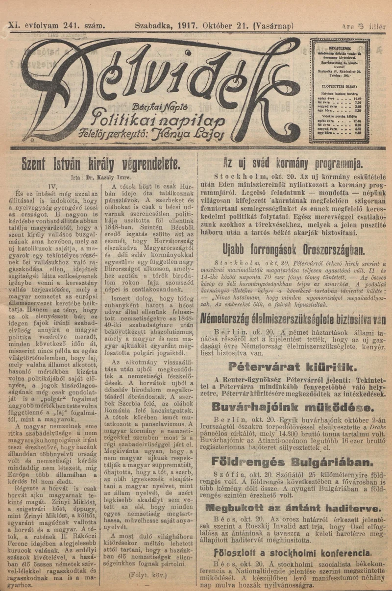 Délvidék, 11. évf. 1917. október 21. 241. sz.