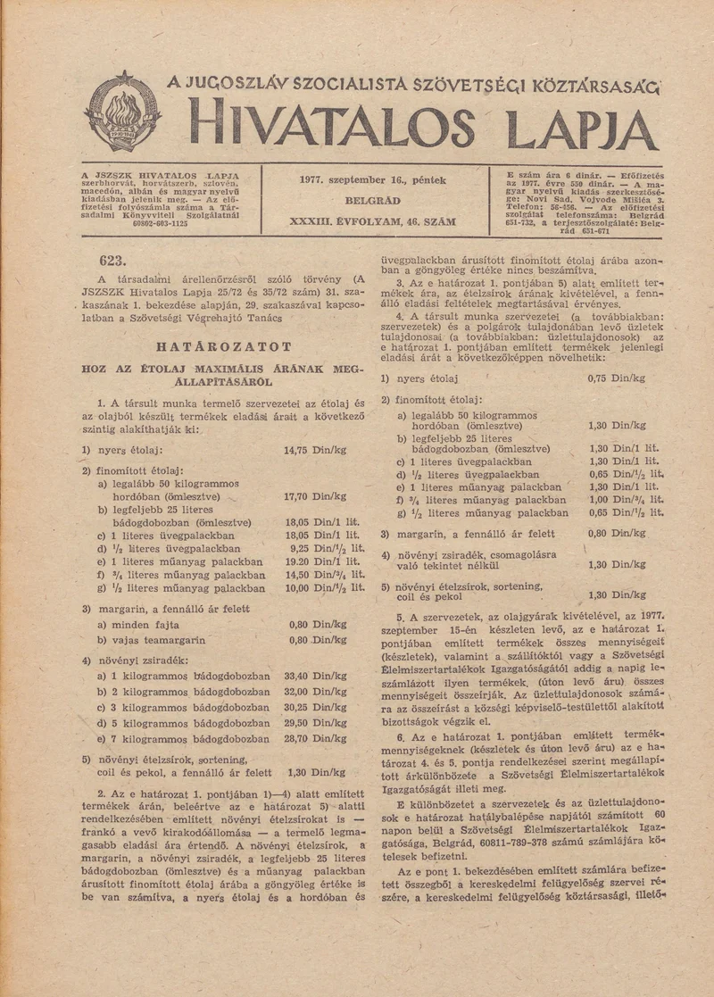 A Jugoszláv Szocialista Szövetségi Köztársaság Hivatalos Lapja, 33. évf. 1977. szeptember 16. 46. sz. 1765–1788. oldal